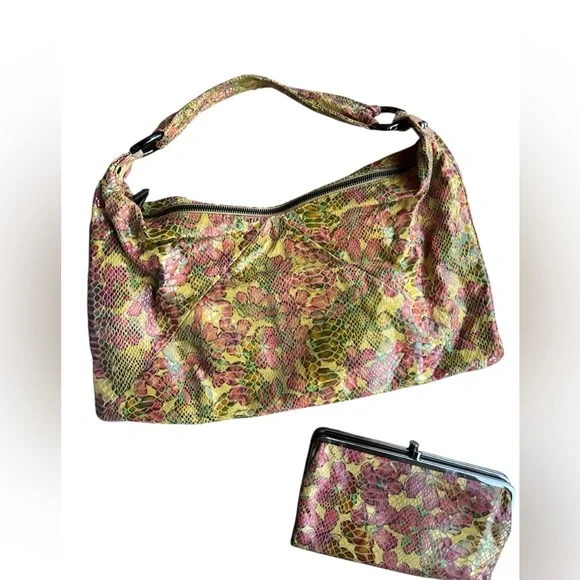 HOBO International Paulette slouchy shoulder bag wallet set yellow floral snake - Picture 2 of 12